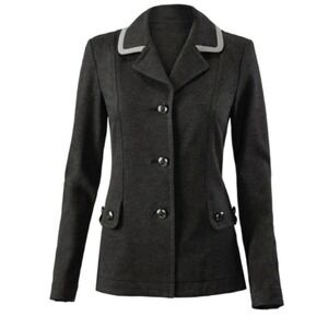 CABI Sz M Blazer Charcoal Gray Tipped Ponte Crew Knit‎ Button Up Jacket #3030